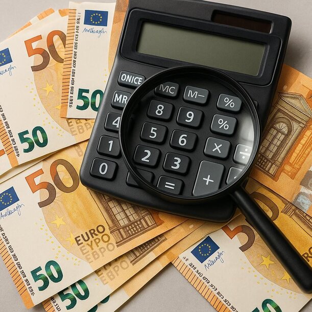 Geldscheine und Taschenrechner durch die Lupe betrachtet